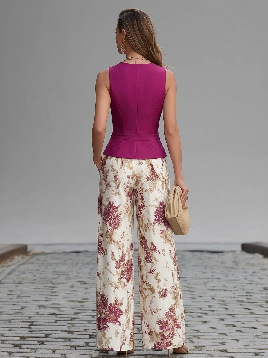 Conjunto de Chaleco Rosa sin Mangas y Pantalón de Pierna Ancha Floral