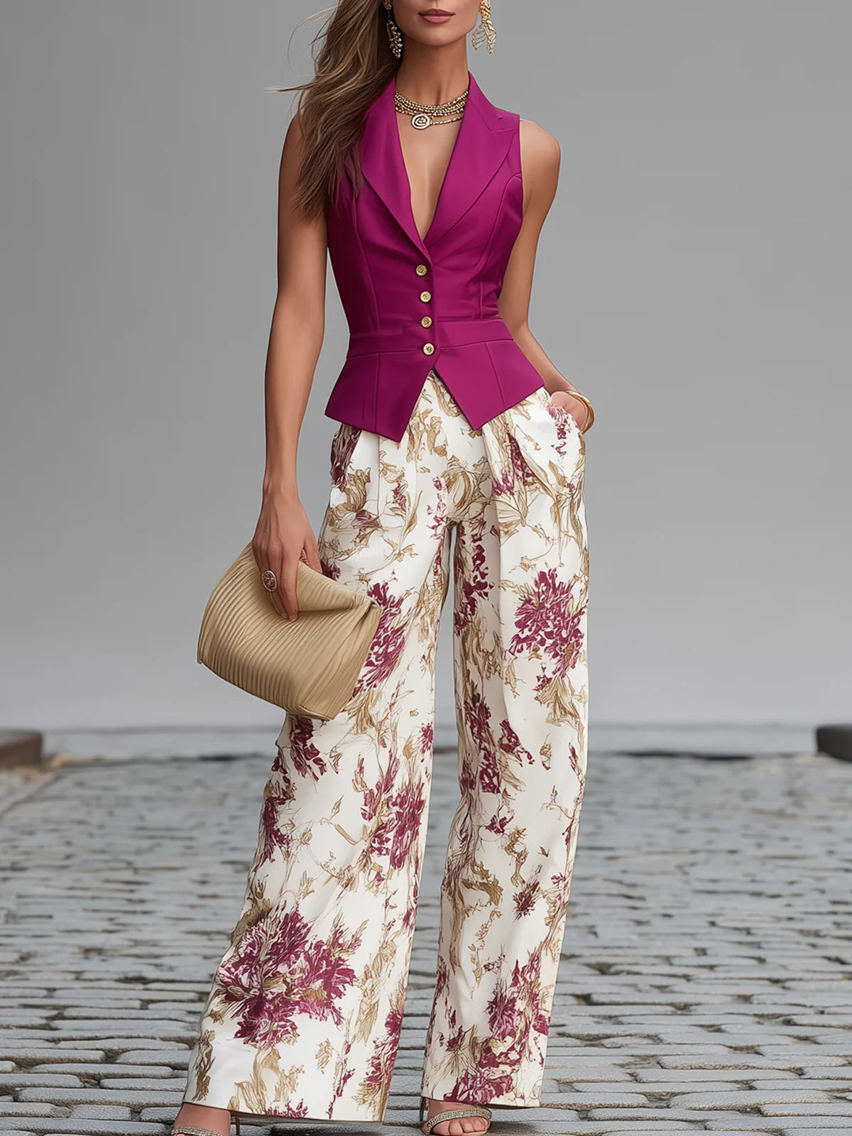 Conjunto de Chaleco Rosa sin Mangas y Pantalón de Pierna Ancha Floral