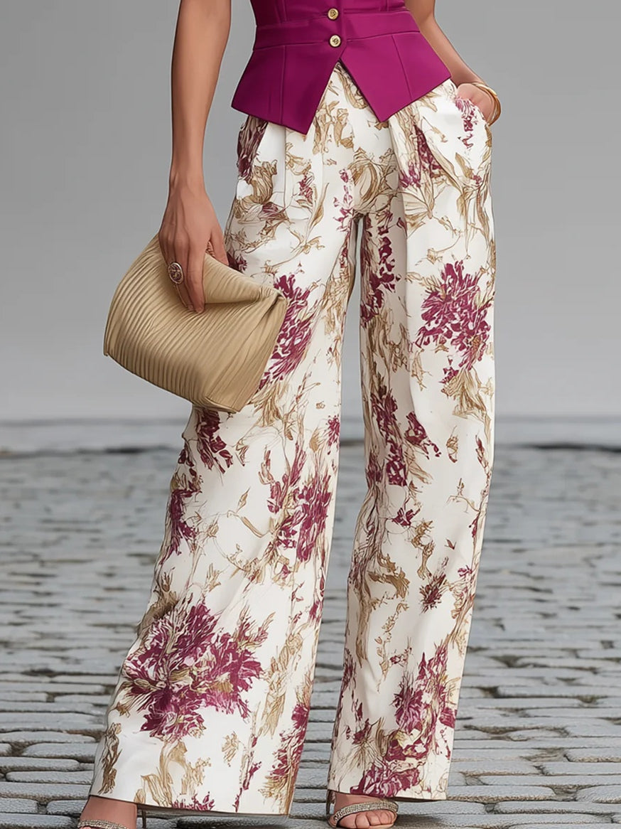 Conjunto de Chaleco Rosa sin Mangas y Pantalón de Pierna Ancha Floral