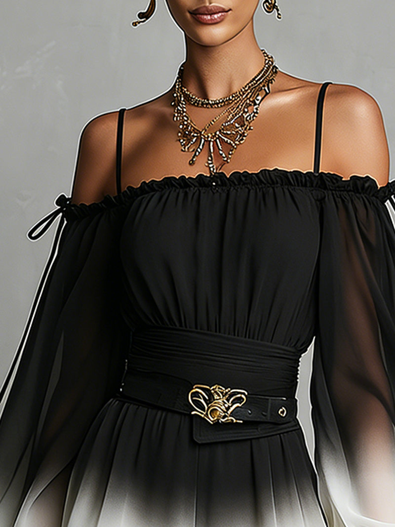 Mono de Chiffon Off-Shoulder en Degradé Negro y Blanco (con Cinturón)
