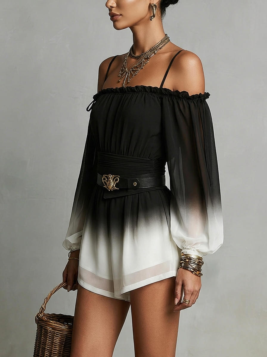 Mono de Chiffon Off-Shoulder en Degradé Negro y Blanco (con Cinturón)