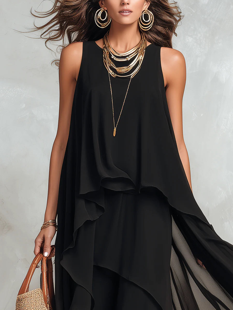 Vestido Maxi de Chiffon Negro en Capas con Cuello Redondo sin Mangas