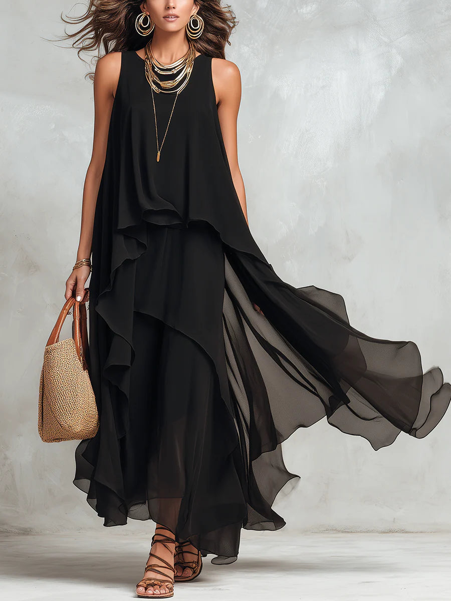 Vestido Maxi de Chiffon Negro en Capas con Cuello Redondo sin Mangas