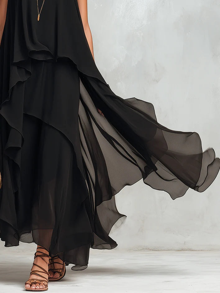 Vestido Maxi de Chiffon Negro en Capas con Cuello Redondo sin Mangas