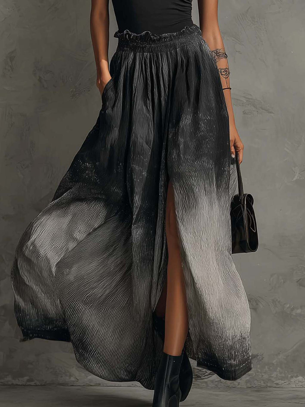 Conjunto de Top Negro Off-Shoulder con Volantes y Falda Maxi Plisada en Degradé