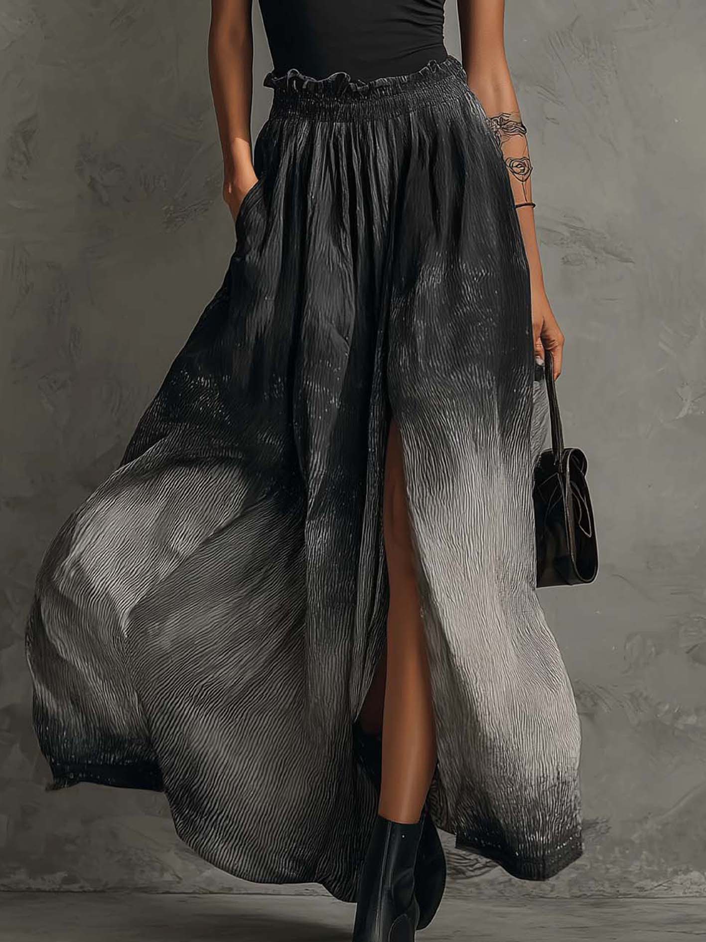 Conjunto de Top Negro Off-Shoulder con Volantes y Falda Maxi Plisada en Degradé