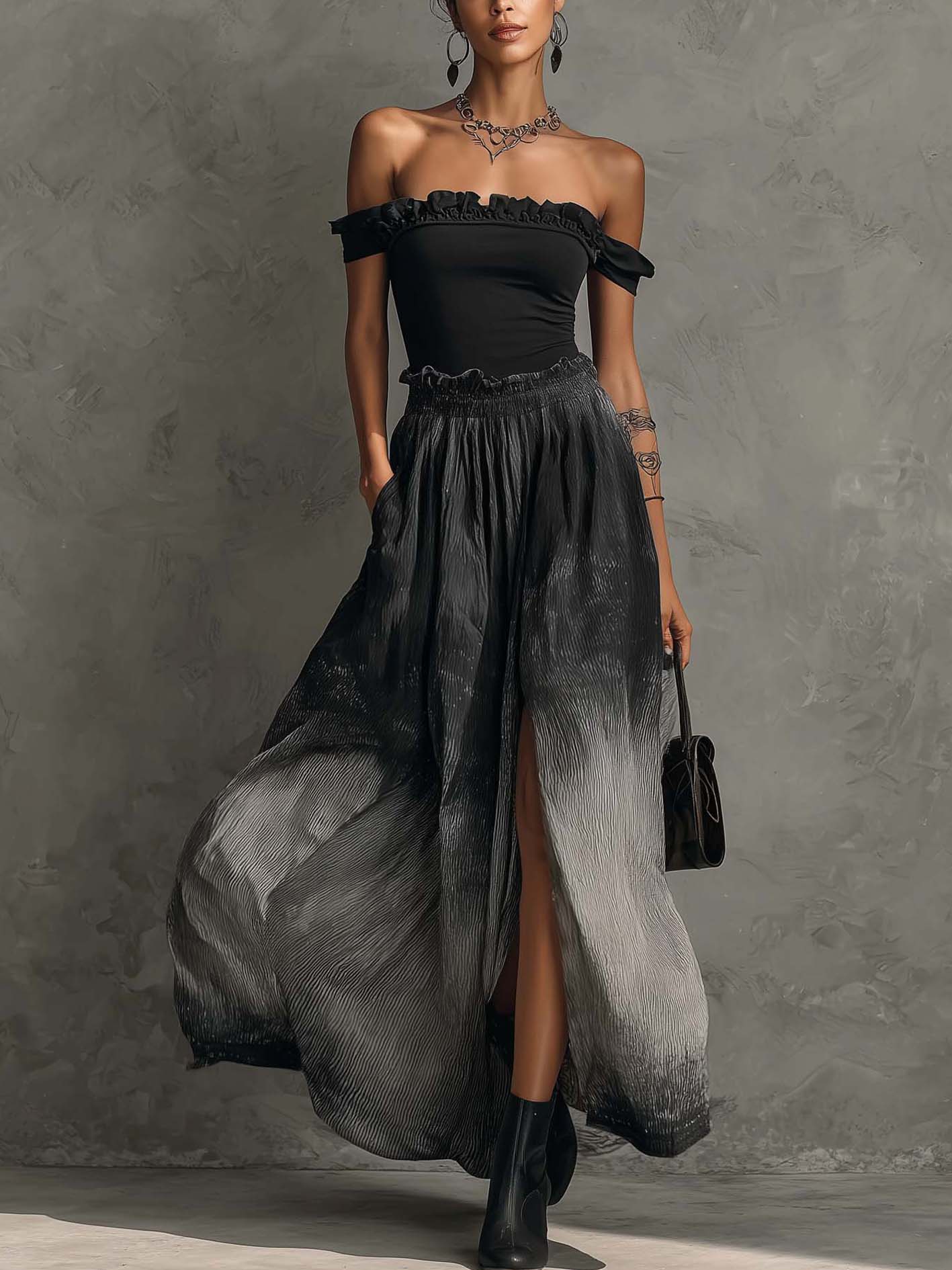 Conjunto de Top Negro Off-Shoulder con Volantes y Falda Maxi Plisada en Degradé