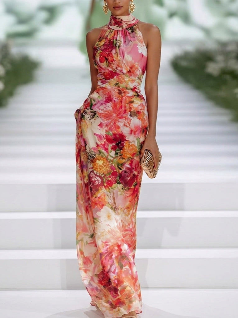 Vestido Maxi de Chiffon Rojo Floral Halter sin Mangas