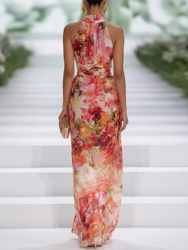 Vestido Maxi de Chiffon Rojo Floral Halter sin Mangas