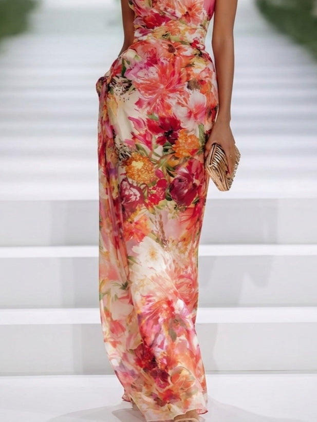 Vestido Maxi de Chiffon Rojo Floral Halter sin Mangas