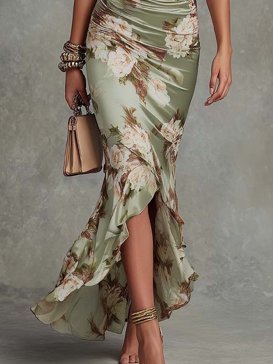 Vestido Maxi Asimétrico de Satén Verde Floral con Cuello en V y Mangas Campana