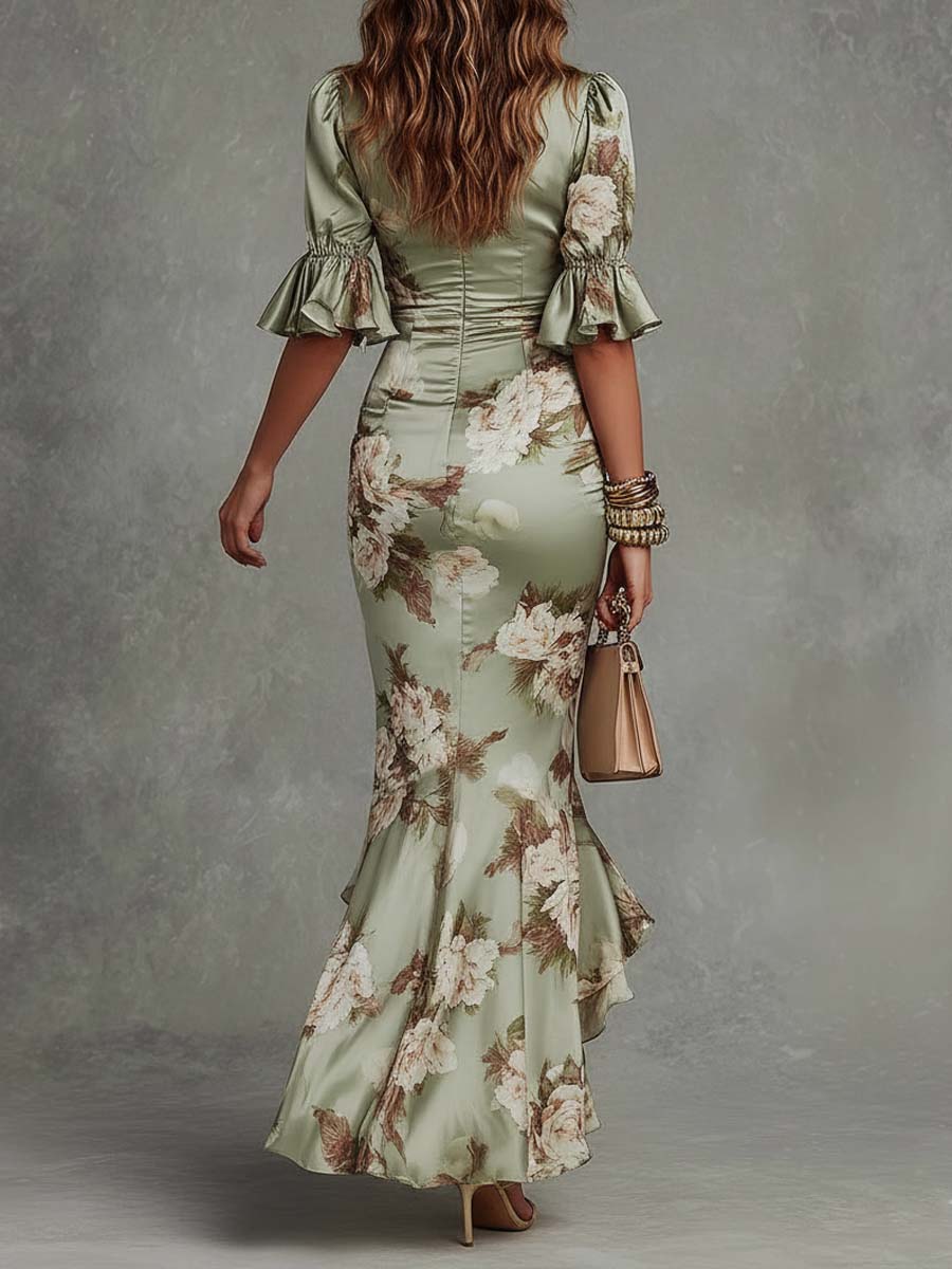 Vestido Maxi Asimétrico de Satén Verde Floral con Cuello en V y Mangas Campana