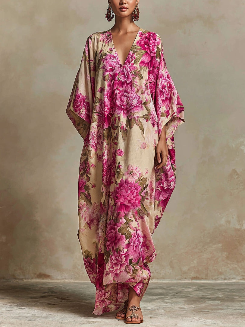 Vestido Maxi Kaftan Floral de Resort con Cuello en V y Mangas Murciélago
