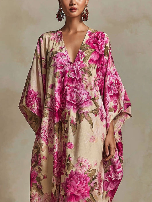 Vestido Maxi Kaftan Floral de Resort con Cuello en V y Mangas Murciélago