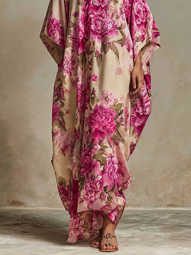 Vestido Maxi Kaftan Floral de Resort con Cuello en V y Mangas Murciélago
