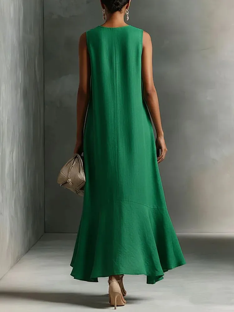 Vestido Maxi Verde de Algodón-Lino Sintético con Cuello en V sin Mangas