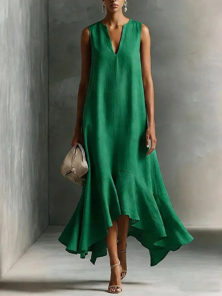 Vestido Maxi Verde de Algodón-Lino Sintético con Cuello en V sin Mangas