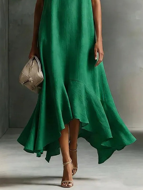 Vestido Maxi Verde de Algodón-Lino Sintético con Cuello en V sin Mangas