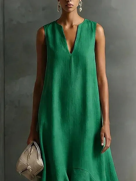 Vestido Maxi Verde de Algodón-Lino Sintético con Cuello en V sin Mangas