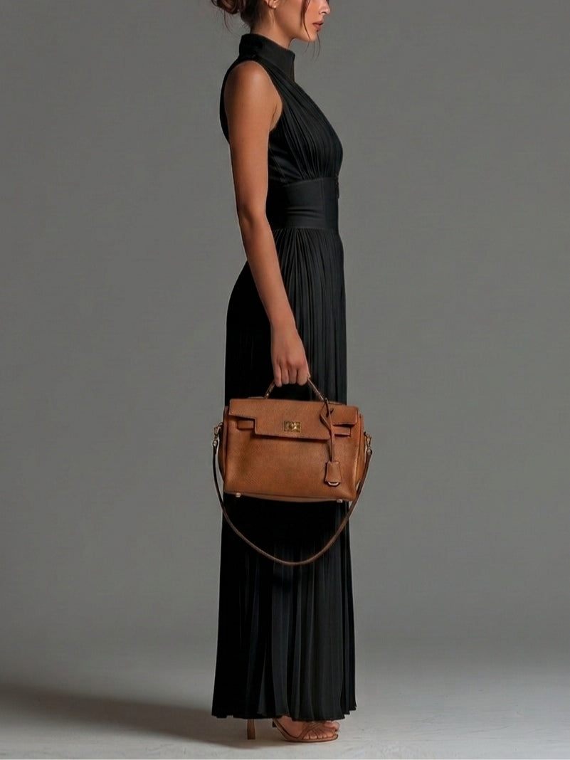 Mono de Chiffon Negro Plisado Sin Mangas con Escote en V y Cremallera