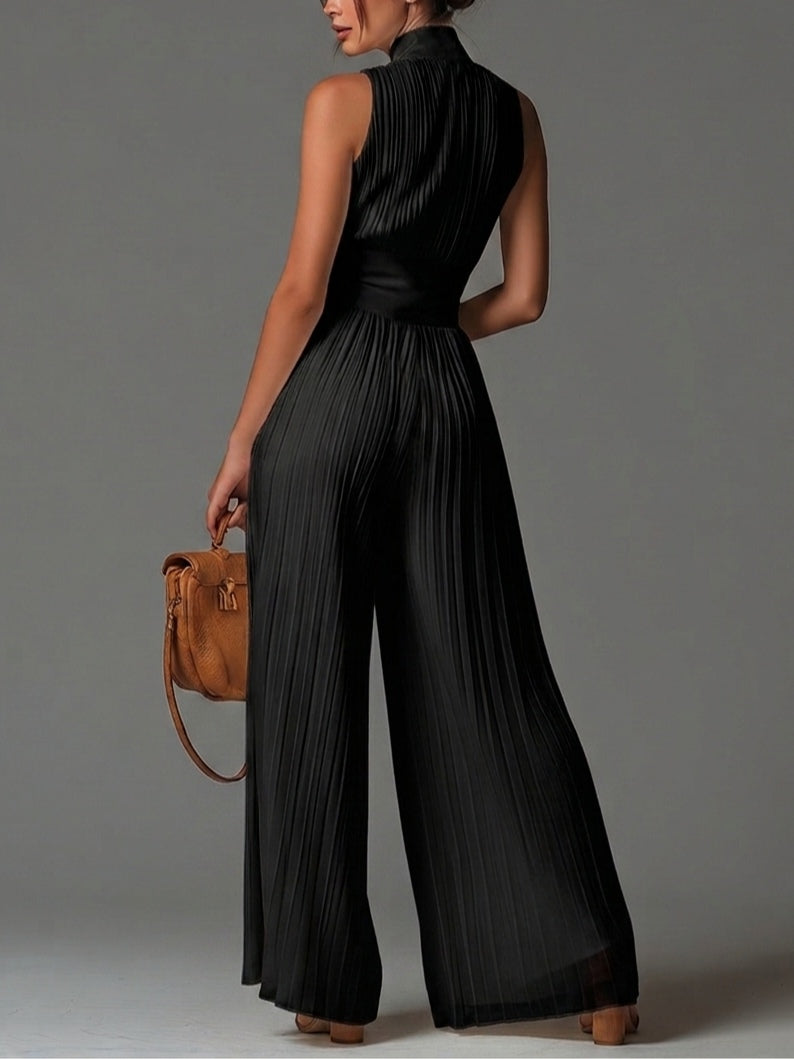 Mono de Chiffon Negro Plisado Sin Mangas con Escote en V y Cremallera