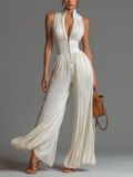 Mono de Chiffon Blanco Plisado Sin Mangas con Escote en V y Cremallera