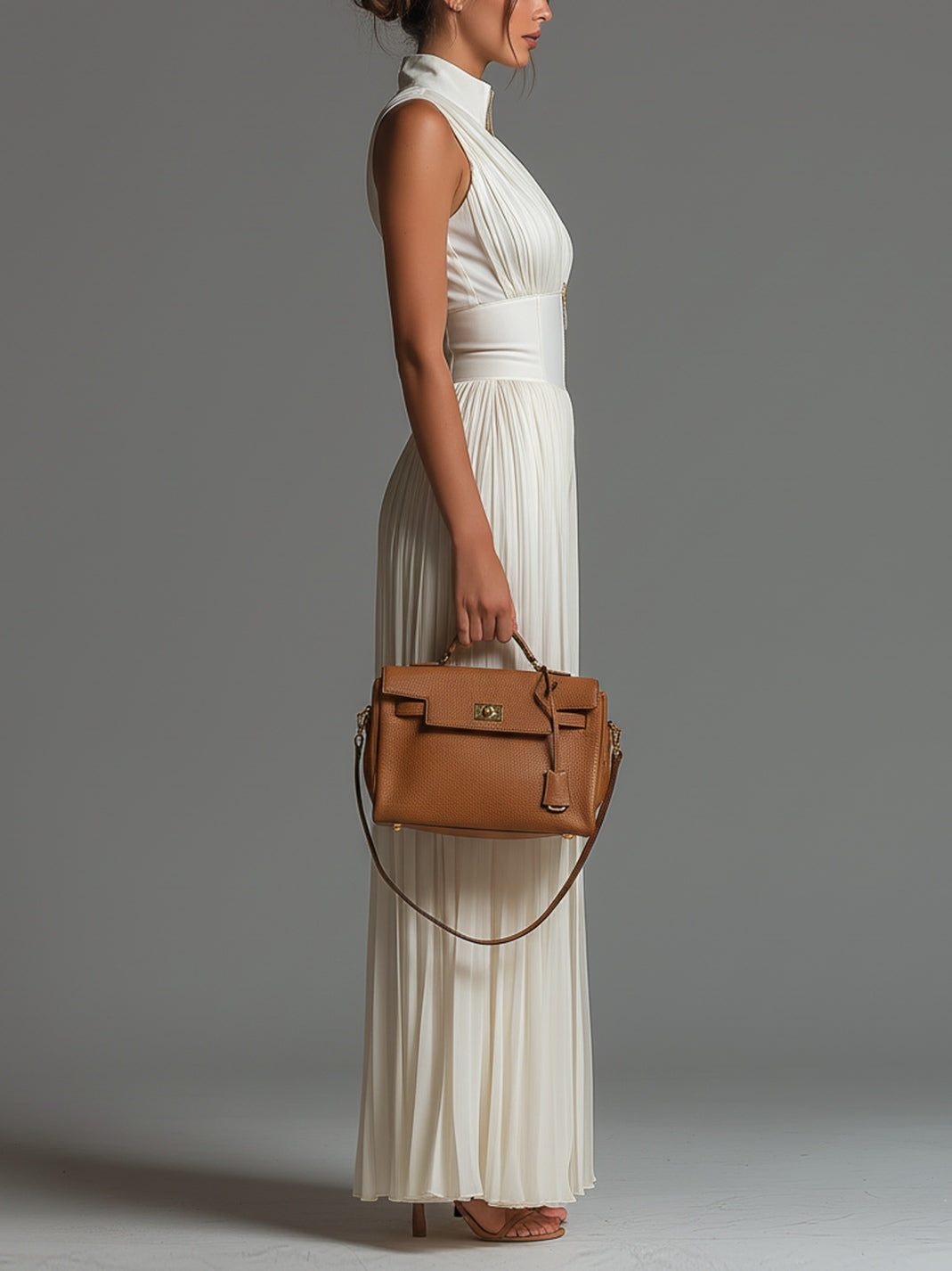 Mono de Chiffon Blanco Plisado Sin Mangas con Escote en V y Cremallera