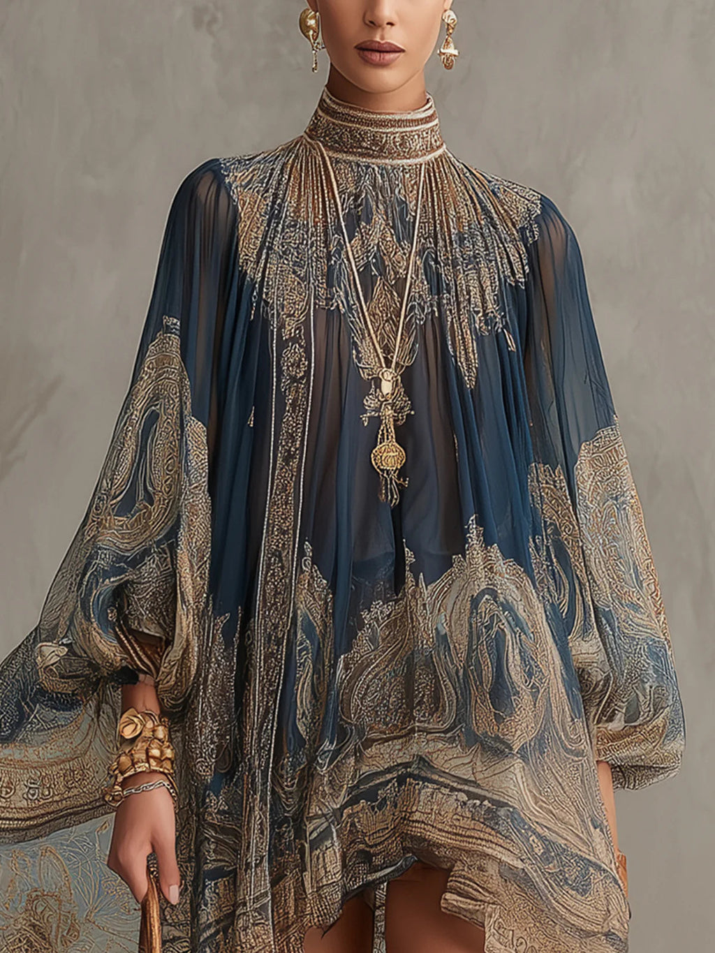 Mini Vestido de Chiffon Azul Marino con Estampado Barroco y Cuello Alto Irregular
