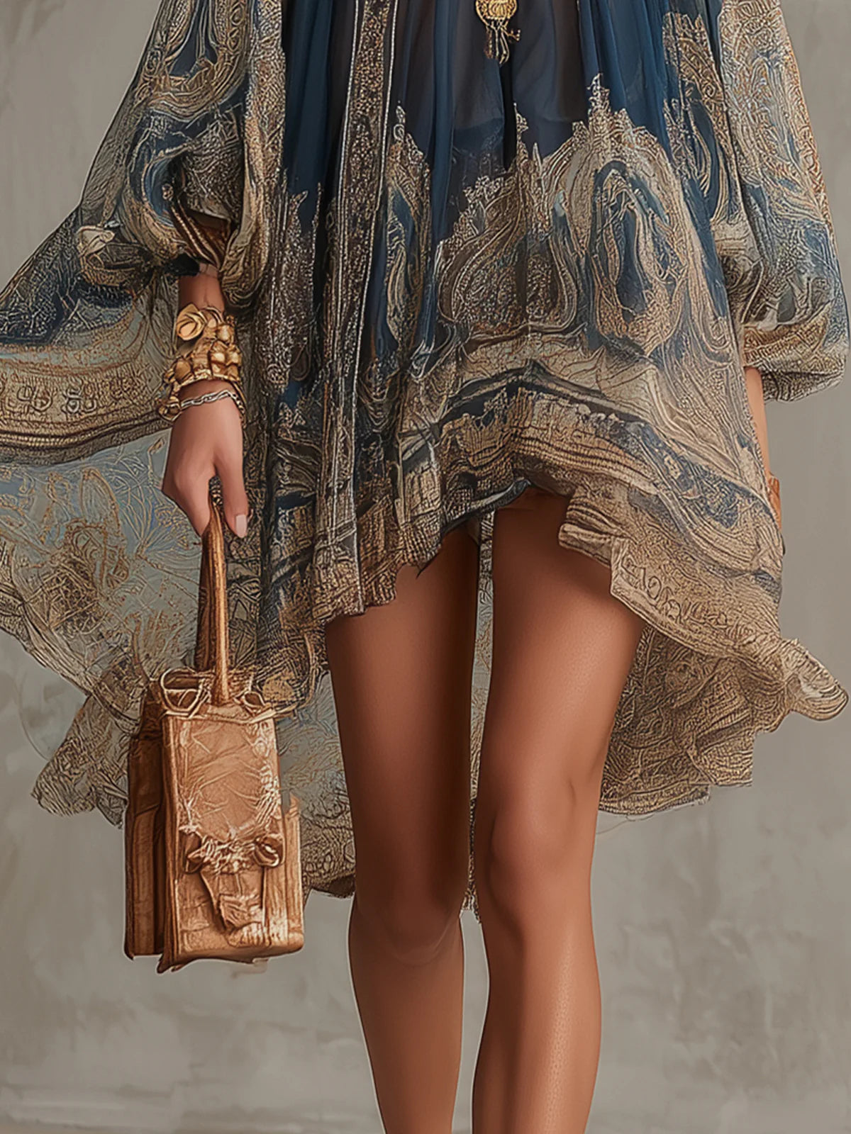 Mini Vestido de Chiffon Azul Marino con Estampado Barroco y Cuello Alto Irregular