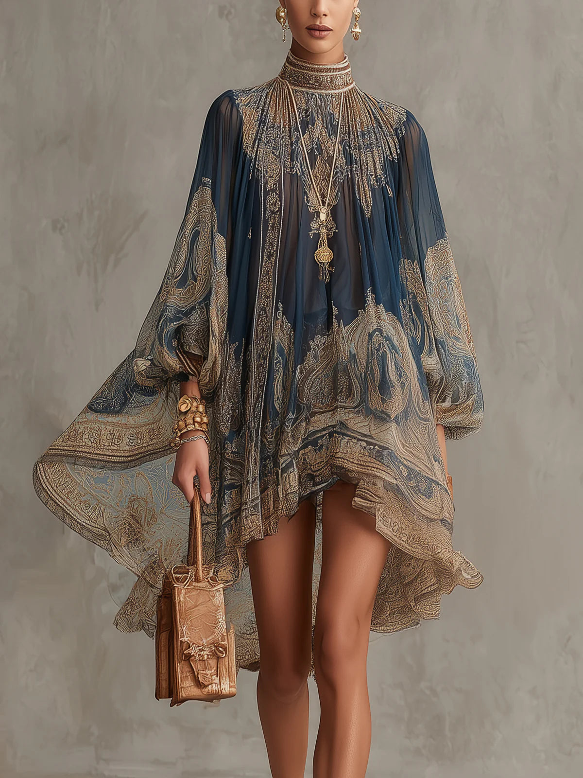 Mini Vestido de Chiffon Azul Marino con Estampado Barroco y Cuello Alto Irregular