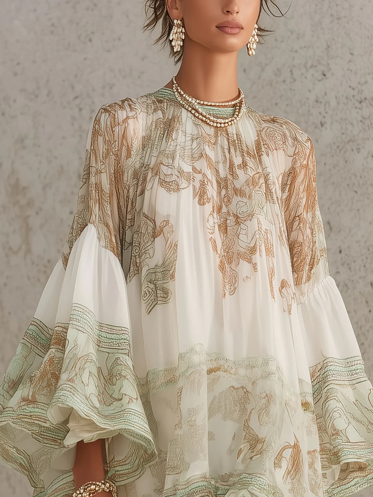Mini Vestido de Chiffon Verde Estampado con Dobladillo y Mangas de Volantes