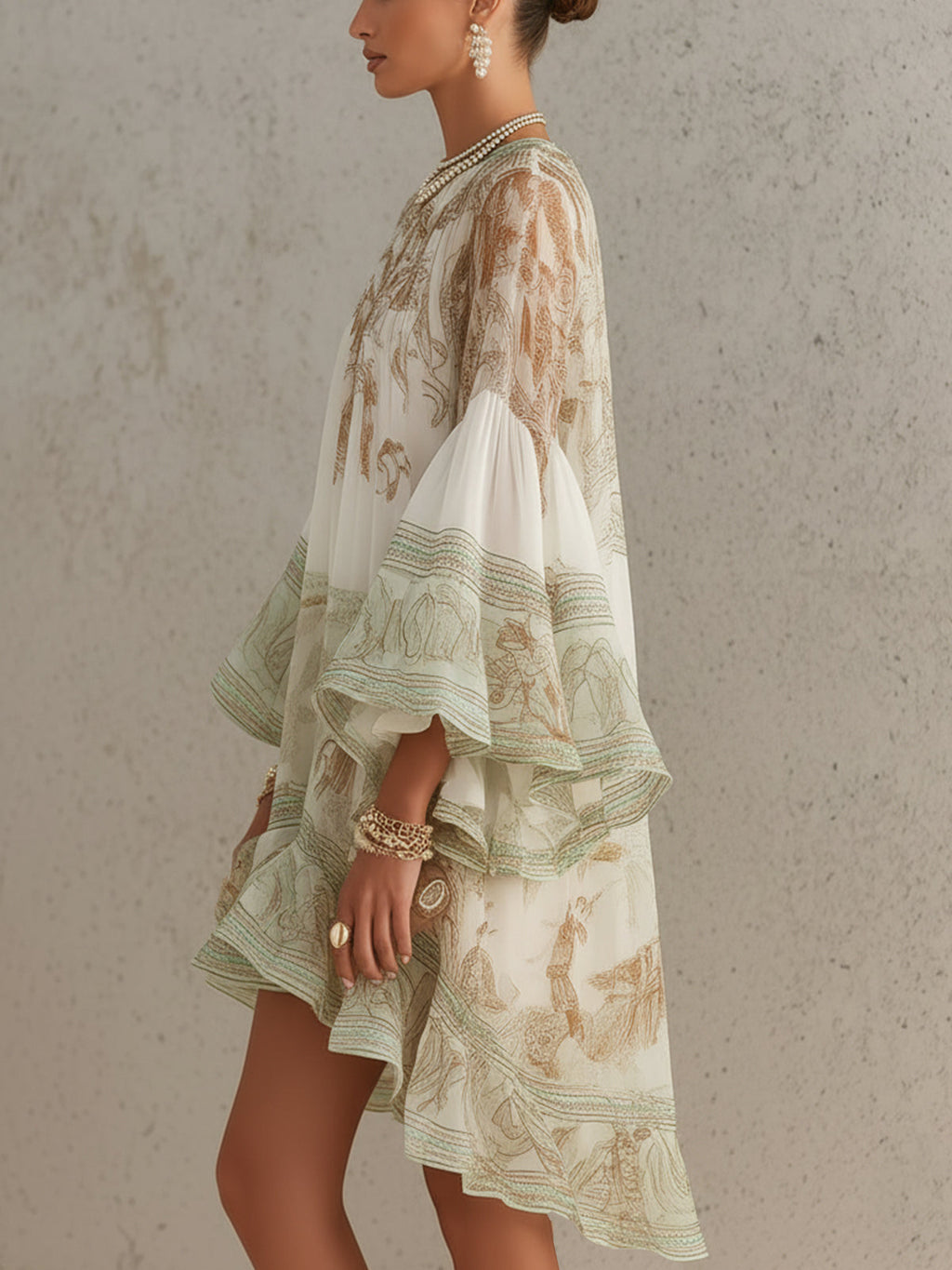 Mini Vestido de Chiffon Verde Estampado con Dobladillo y Mangas de Volantes