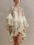 Mini Vestido de Chiffon Verde Estampado con Dobladillo y Mangas de Volantes