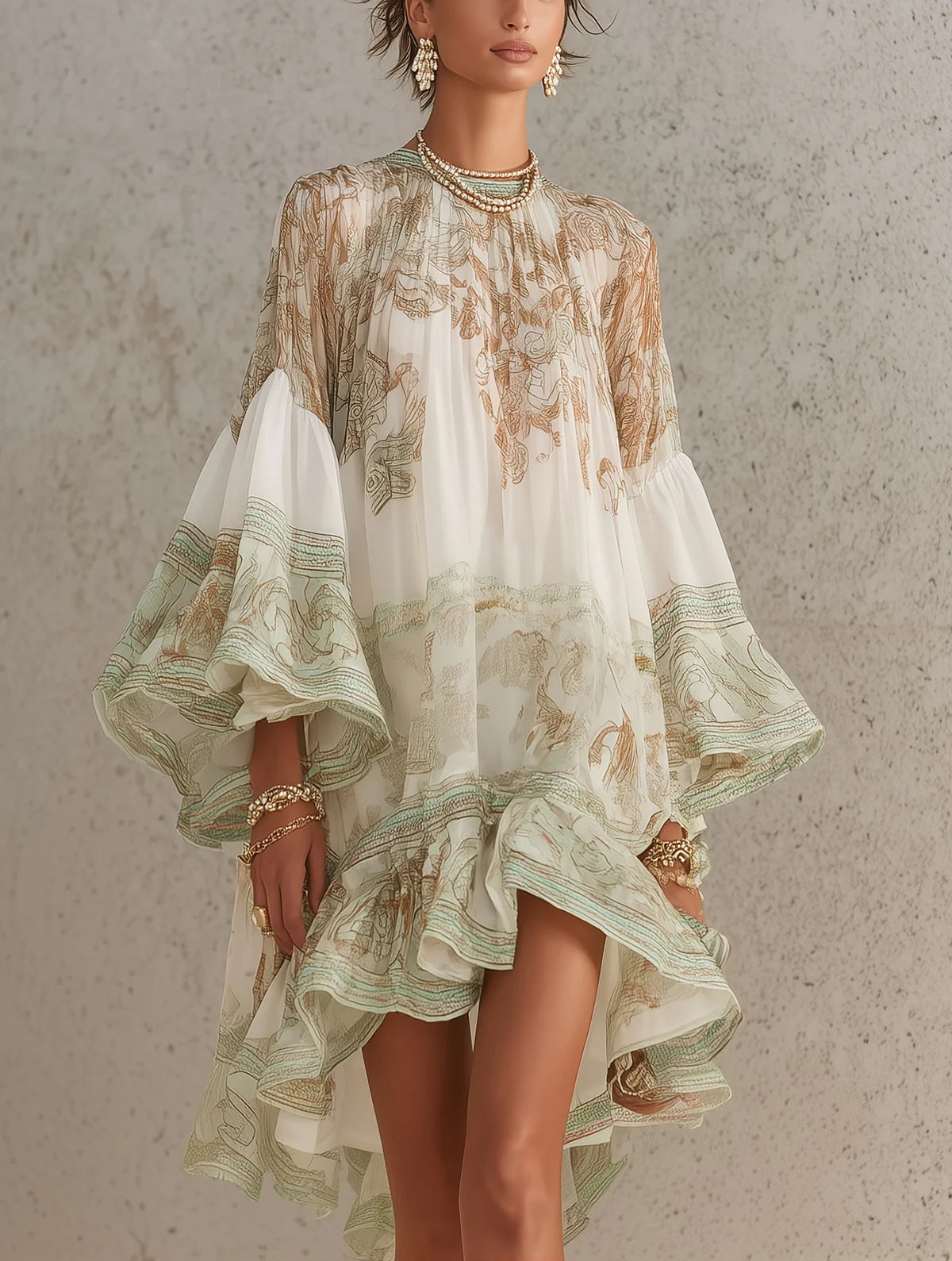 Mini Vestido de Chiffon Verde Estampado con Dobladillo y Mangas de Volantes