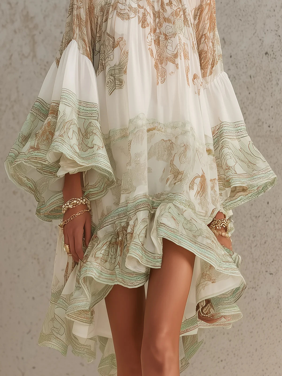 Mini Vestido de Chiffon Verde Estampado con Dobladillo y Mangas de Volantes