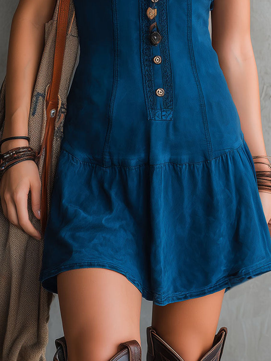Mini Vestido Boho Índigo Sin Mangas con Escote en V y Botones