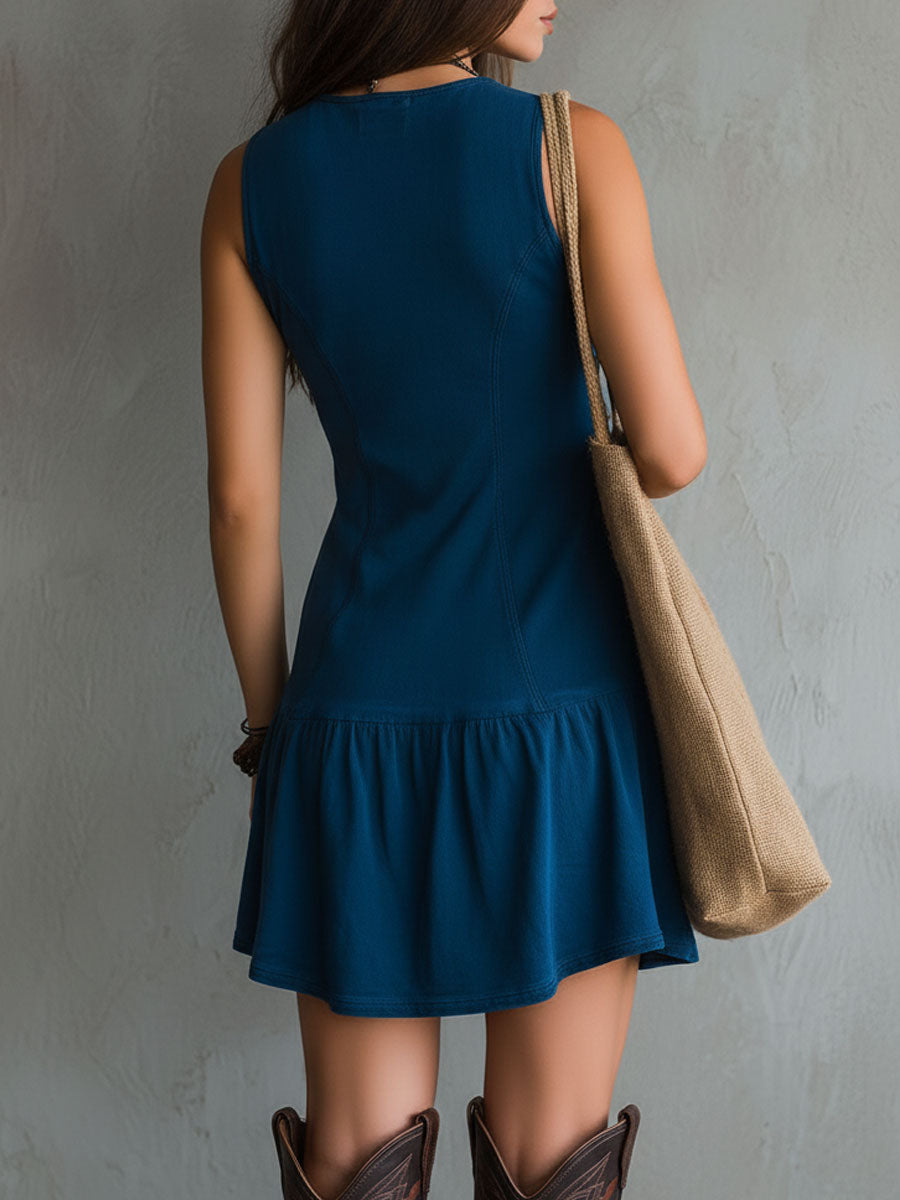 Mini Vestido Boho Índigo Sin Mangas con Escote en V y Botones