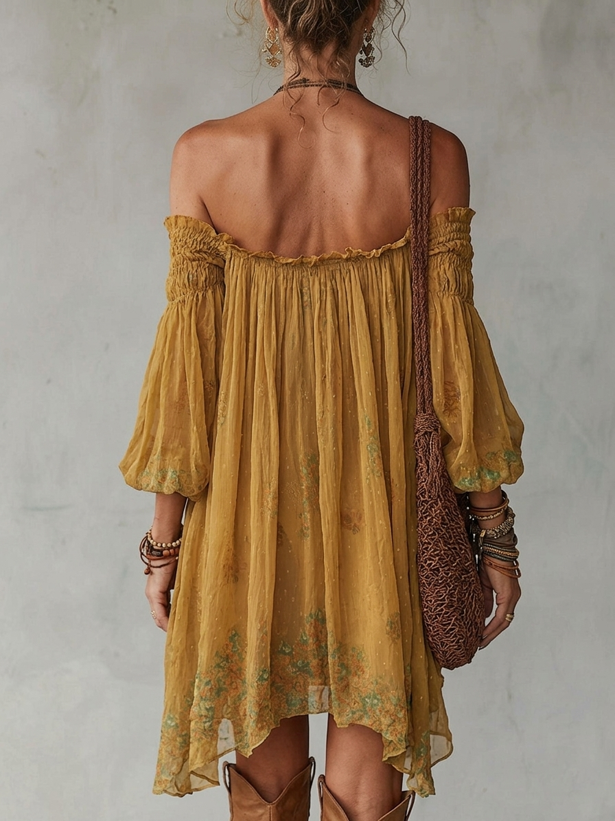Mini Vestido de Chiffon Amarillo Floral con Hombros Descubiertos