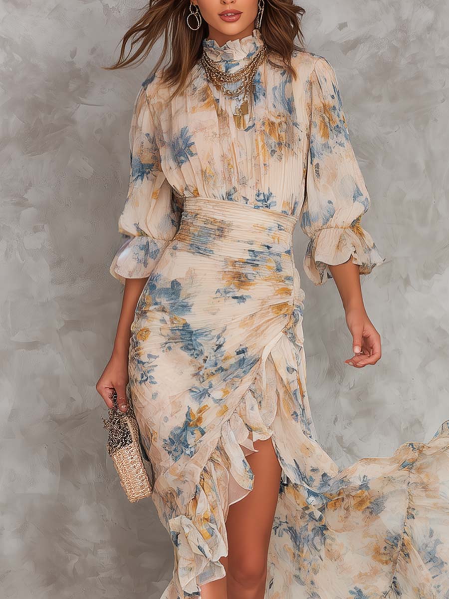 Maxi Vestido de Chiffon Beige con Cuello Alto y Estampado Floral de Pintura al Óleo