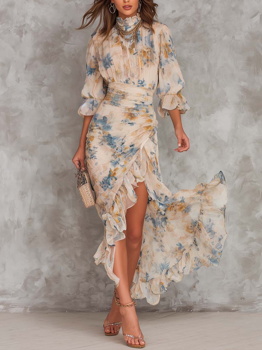 Maxi Vestido de Chiffon Beige con Cuello Alto y Estampado Floral de Pintura al Óleo