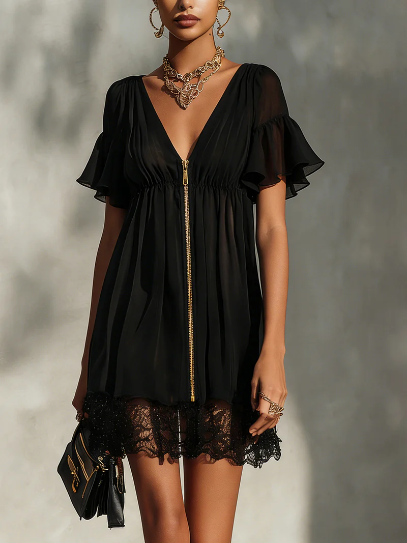 Mini Vestido Negro con Escote en V, Cremallera, Encaje y Volantes