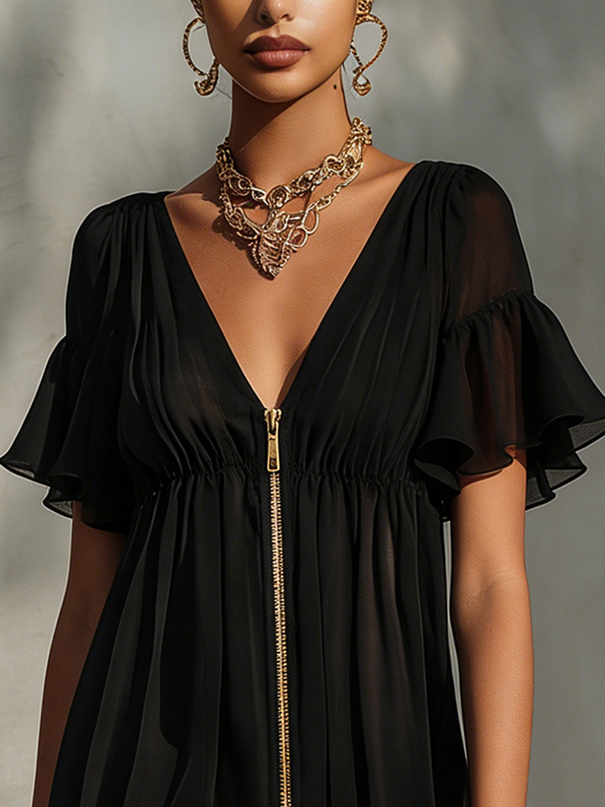 Mini Vestido Negro con Escote en V, Cremallera, Encaje y Volantes