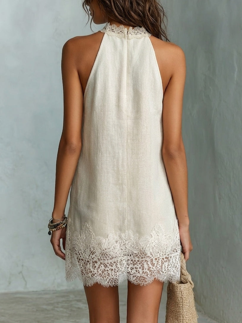 Mini Vestido Chic Blanco Roto con Cuello Halter y Encaje