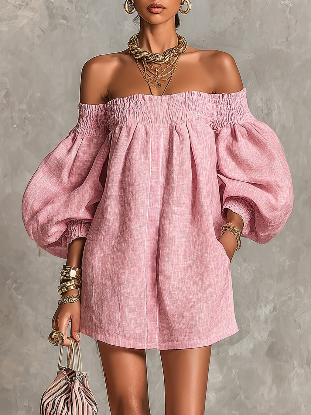 Mini Vestido Rosa Holgado con Hombros Descubiertos y Mangas Linterna
