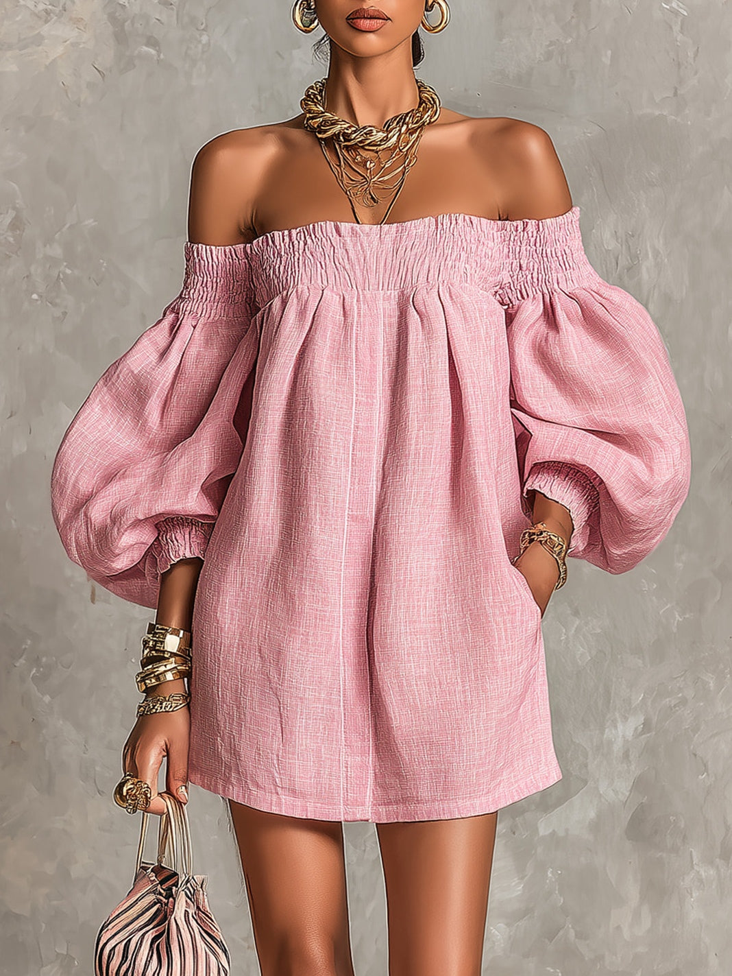 Mini Vestido Rosa Holgado con Hombros Descubiertos y Mangas Linterna