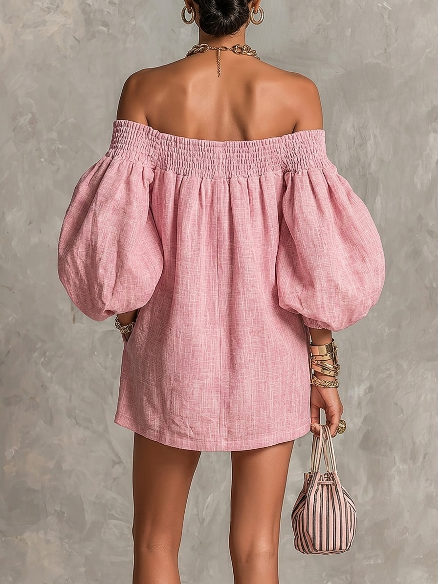 Mini Vestido Rosa Holgado con Hombros Descubiertos y Mangas Linterna