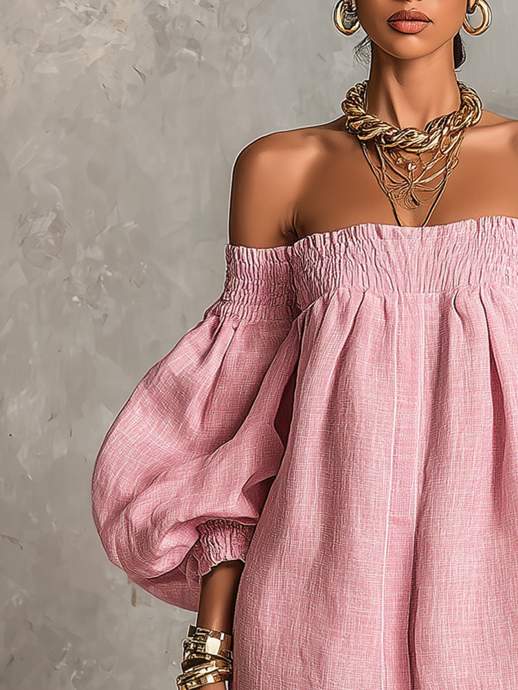 Mini Vestido Rosa Holgado con Hombros Descubiertos y Mangas Linterna