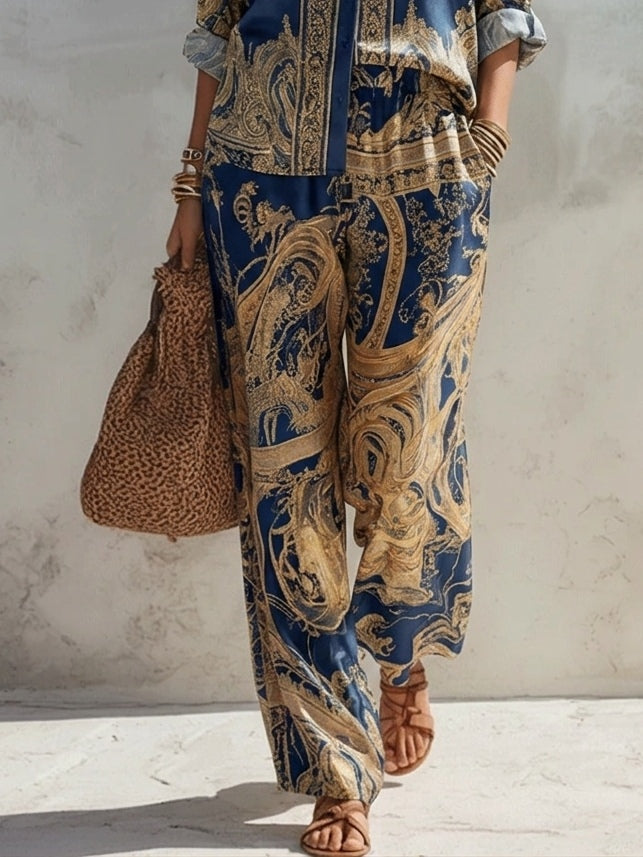 Conjunto de Dos Piezas con Camisa de Estampado Barroco Marino y Pantalón Ancho