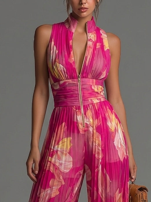 Mono de Chiffon Fucsia Sin Mangas con Estampado Floral, Plisado y Cremallera