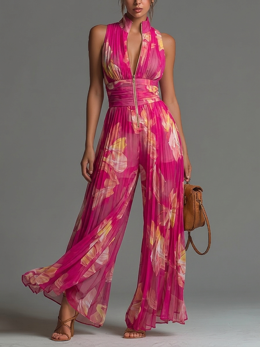 Mono de Chiffon Fucsia Sin Mangas con Estampado Floral, Plisado y Cremallera